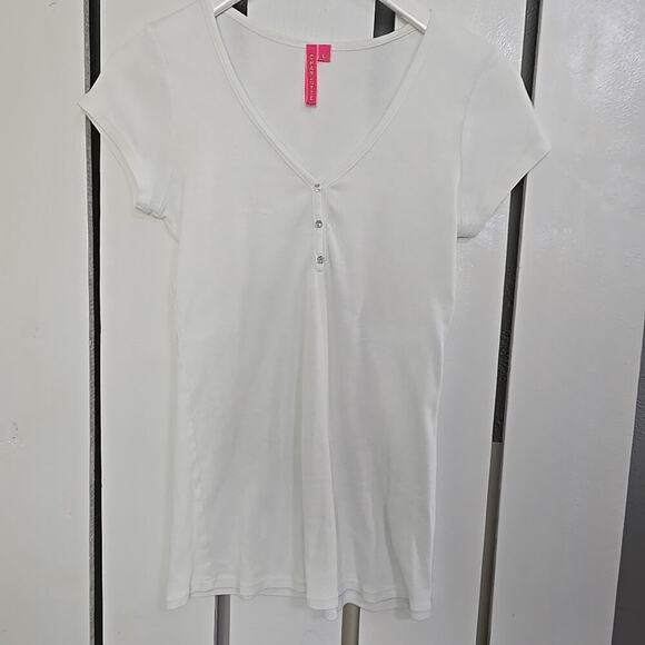 Charlotte Tarantola Ribbed Crystal Button White Fitted Cap Sleeve Top L Y2K - Picture 1 of 10